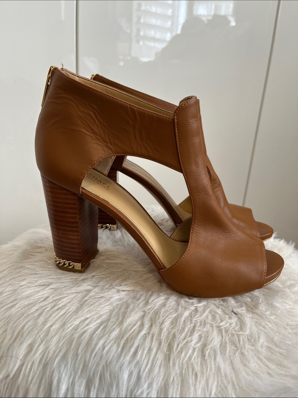 Michael Kors Brown Open-Toe Leather Block Heel Sandals, Size 8